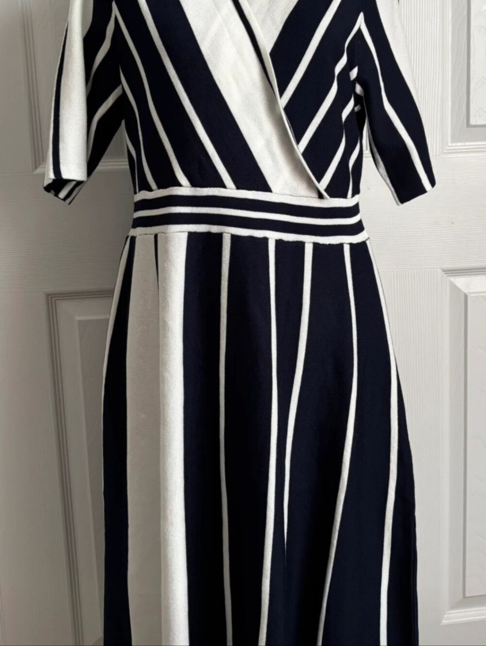 Nina Leonard Navy and White Striped Midi Dress